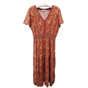 DOWNEAST | Cotton Boho Midi Dress Ikat Print Flutter Sleeve | Large